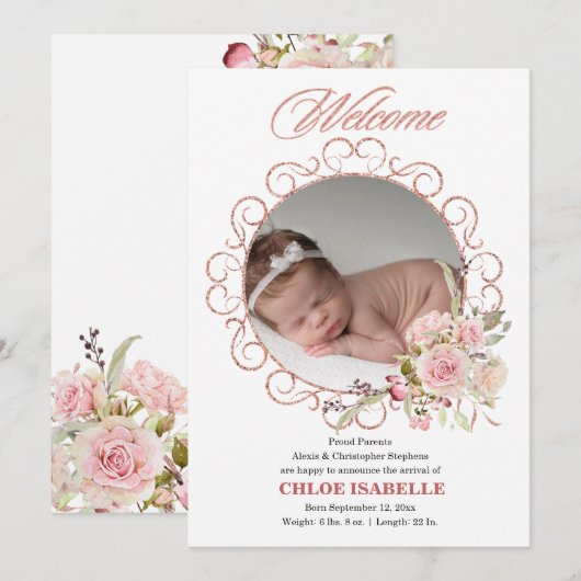 Roos Gold Floral weesfoto geboorteaankondiging Aankondiging (Voorkant / Achterkant)