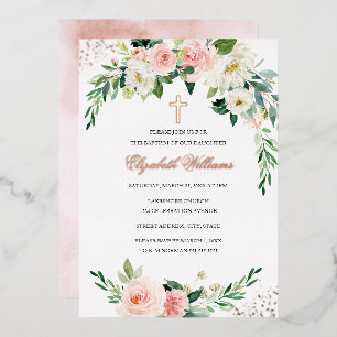 Roos Gold Floral Wreath Cross Girl Baptisme Folie Uitnodiging