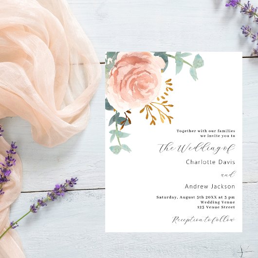 Roos Gold Florals Budget Bruiloft Uitnodiging