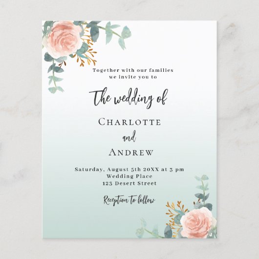 Roos Gold Florals Green Budget Bruiloft Uitnodigin Flyer (Voorkant)