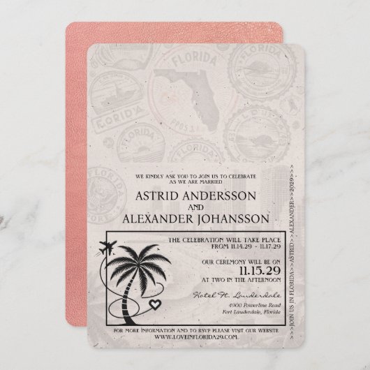 Roos Gold Florida Passport Wedding Invitation Kaart (Voorkant / Achterkant)