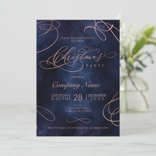 Roos Gold Flourish Script Navy Christmas Corporate Kaart (Staand voorkant)