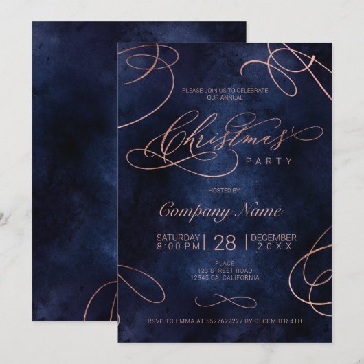 Roos Gold Flourish Script Navy Christmas Corporate Kaart (Voorkant / Achterkant)
