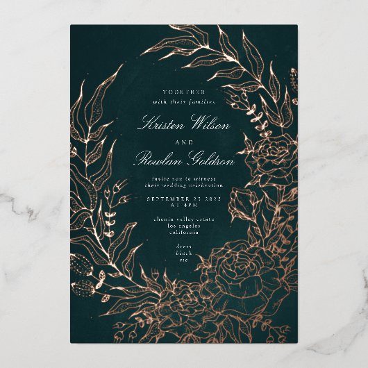 Roos Gold Flower Wreath Emerald Green Wedding Folie Uitnodiging (Voorkant)