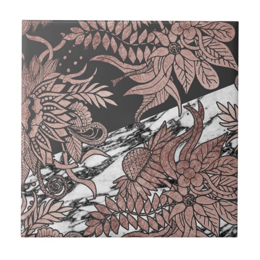 Roos Gold Flowers en Modern Black and Marble Cut Tegeltje (Voorkant)