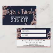 Roos Gold Flowers Navy Blue Reference Card Aanbevelingskaartje (Voorkant / Achterkant)