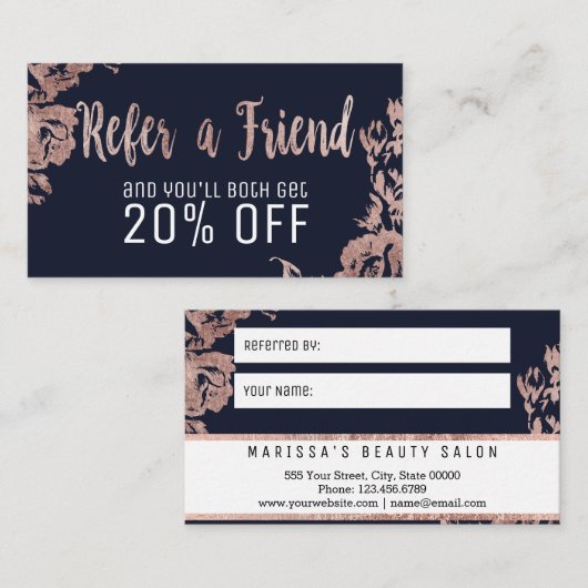 Roos Gold Flowers Navy Blue Reference Card Aanbevelingskaartje (Voorkant / Achterkant)