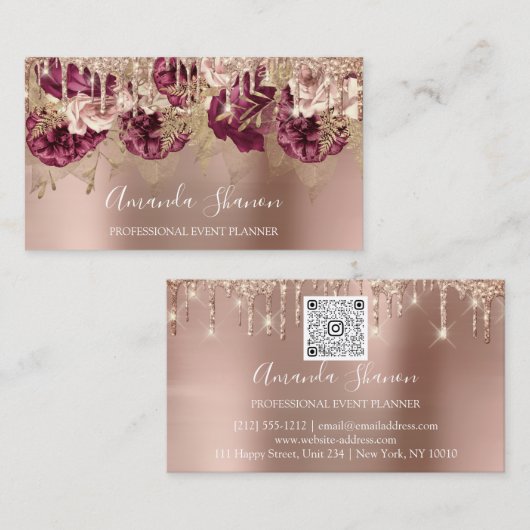 Roos Gold Flowers Poeder Drip QR CODE Logo Visitekaartje (Voorkant / Achterkant)