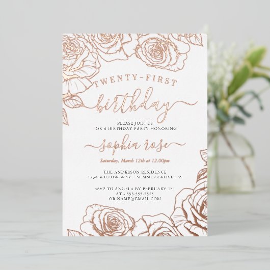 Roos Gold Foil 21e verjaardag Folie Uitnodiging (Staand Voorkant)