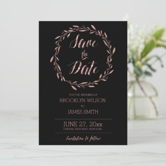 Roos Gold Foil Bespaar de datumkaarten met zwarte  Save The Date (Staand voorkant)