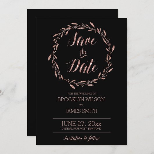 Roos Gold Foil Bespaar de datumkaarten met zwarte Save The Date (Voorkant / Achterkant)
