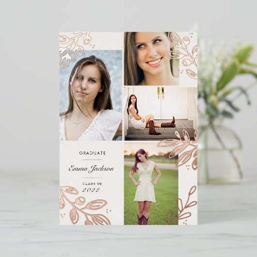 Roos Gold Foil blaast Afstudeerder Foto aankondigi Folie Uitnodiging (Staand Voorkant)