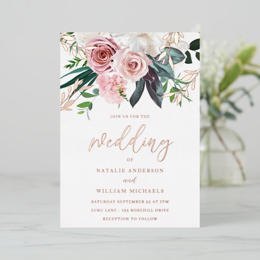 Roos Gold Foil & Blush Flowers Weddenschap Folie Uitnodiging (Staand Voorkant)