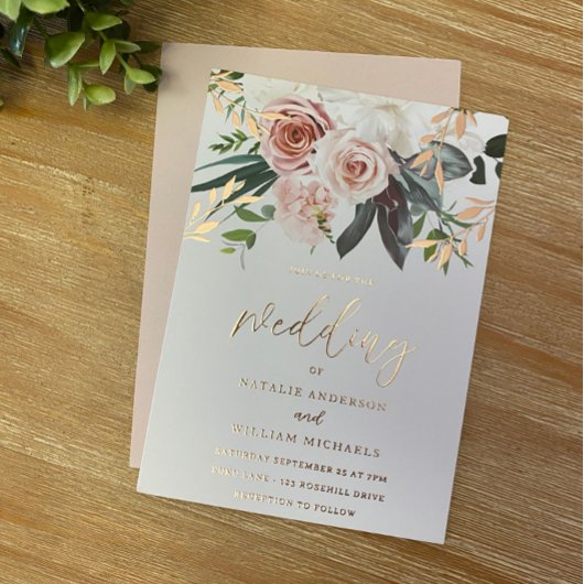 Roos Gold Foil & Blush Flowers Weddenschap Folie Uitnodiging