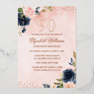 ROOS GOLD FOIL Blush Navy Floral 90th Birthday Folie Uitnodiging
