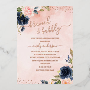 ROOS GOLD FOIL Blush Navy Floral Brunch and Bubble Folie Uitnodiging