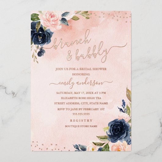 ROOS GOLD FOIL Blush Navy Floral Brunch and Bubble Folie Uitnodiging (Voorkant)