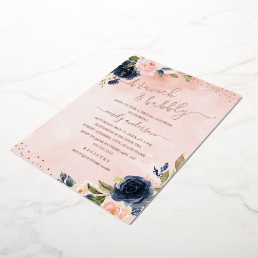 ROOS GOLD FOIL Blush Navy Floral Brunch and Bubble Folie Uitnodiging (Gedraaid)
