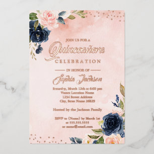 ROOS GOLD FOIL Blush Navy Floral Tiara Quinceanera Folie Uitnodiging