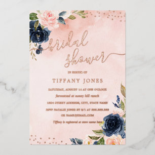 ROOS GOLD FOIL Blush Navy Floral Vrijgezellenfeest Folie Uitnodiging