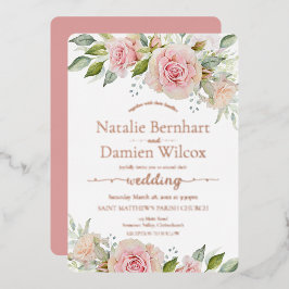 Roos Gold Foil Blush Pink Floral Weddenschap Folie Uitnodiging