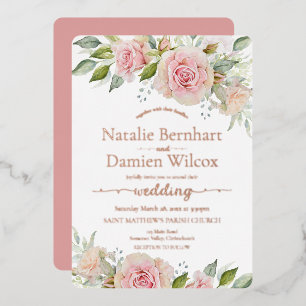 Roos Gold Foil Blush Pink Floral Weddenschap Folie Uitnodiging