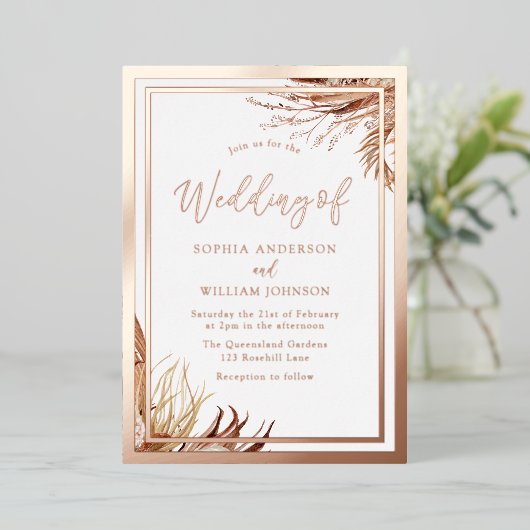 Roos Gold Foil Bohemian Boho Leaves Wedding Folie Uitnodiging (Staand Voorkant)
