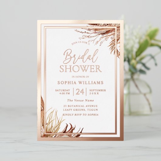 Roos Gold Foil Bohemian Boho Vrijgezellenfeest Folie Uitnodiging (Staand Voorkant)