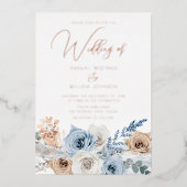 Roos Gold Foil Boho Blue Wedding Folie Uitnodiging (Voorkant)