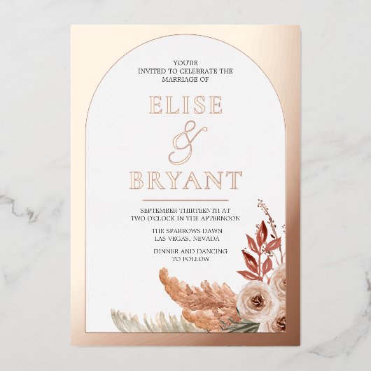 Roos Gold Foil Boho Floral Modern White Wedding Folie Uitnodiging (Voorkant)