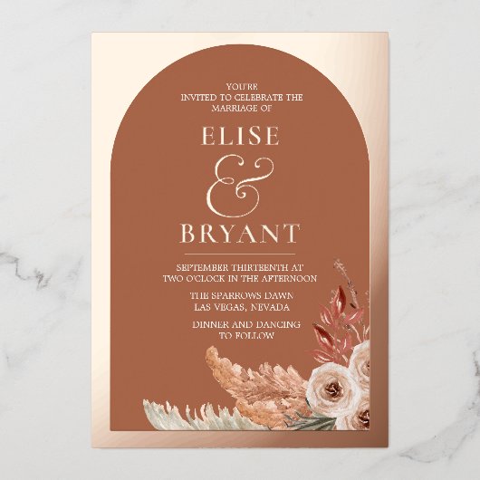 Roos Gold Foil Boho Floral Summer Wedding Folie Uitnodiging (Voorkant)