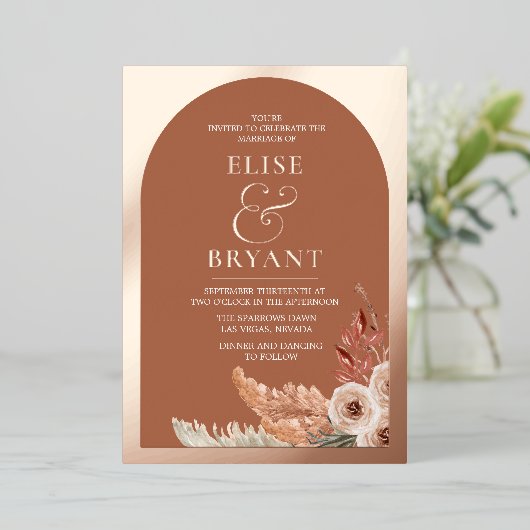 Roos Gold Foil Boho Floral Summer Wedding Folie Uitnodiging (Staand Voorkant)