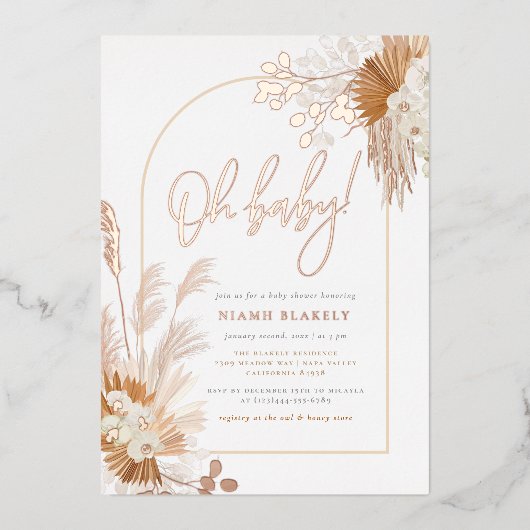 Roos Gold Foil | Boho Pampas Arch Baby shower Folie Uitnodiging (Voorkant)