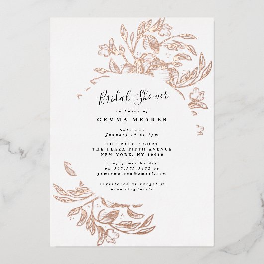 Roos Gold Foil Botanisch Vrijgezellenfeest Invite Folie Uitnodiging (Voorkant)