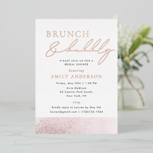 Roos Gold Foil Bridal Brunch en Bubble Folie Uitnodiging (Staand Voorkant)