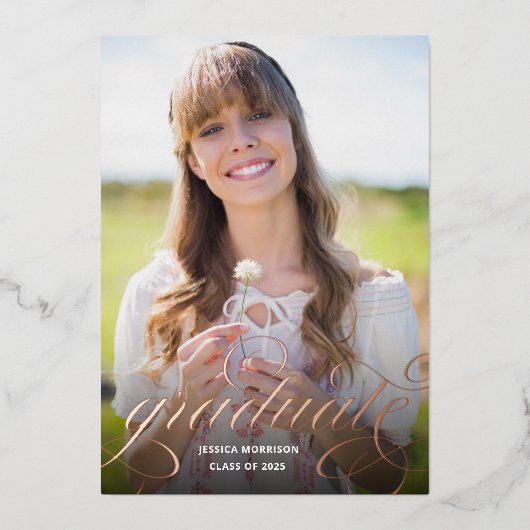 Roos Gold Foil Calligrafie Fotografie GraduPartij Folie Uitnodiging (Voorkant)