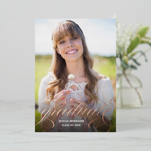 Roos Gold Foil Calligrafie Fotografie GraduPartij Folie Uitnodiging (Staand Voorkant)