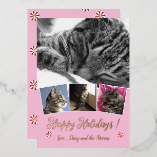 Roos Gold Foil Cat Foto Collage Pink Holiday Card Folie Feestdagenkaart