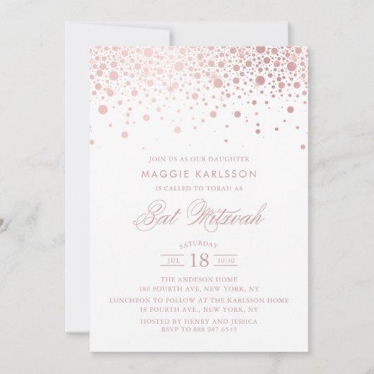 Roos Gold Foil Confetti Bat Mitswa Uitnodiging (Voorkant)