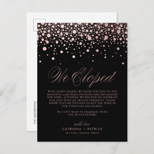 Roos Gold Foil Confetti Black Weddenschap Elopemen Aankondigingskaart (Voorkant / Achterkant)