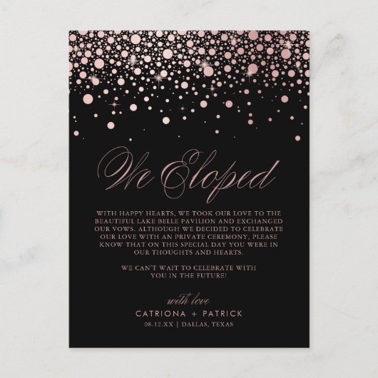 Roos Gold Foil Confetti Black Weddenschap Elopemen Aankondigingskaart (Voorkant)