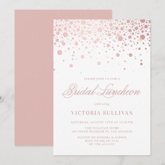 Roos Gold Foil Confetti Bridal Luncheon Invitation Kaart (Voorkant / Achterkant)