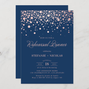 Roos Gold Foil Confetti Navy Blue Rehearsal Dinner Kaart