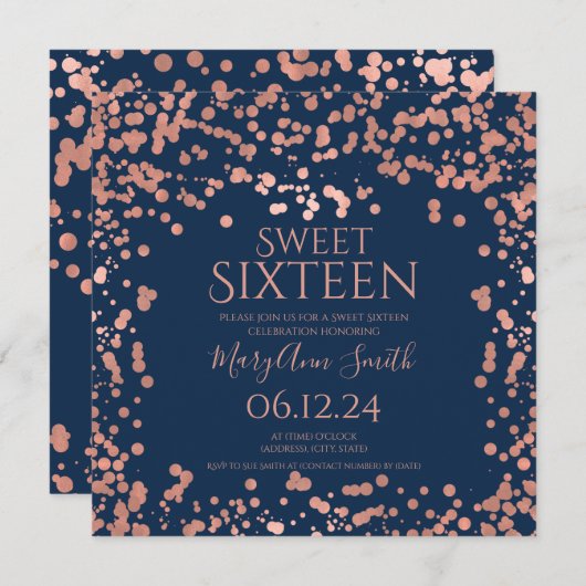 Roos Gold Foil Confetti Sweet 16th Invite Navy Bedankkaart (Voorkant / Achterkant)