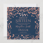 Roos Gold Foil Confetti Sweet 16th Invite Navy Bedankkaart (Voorkant)