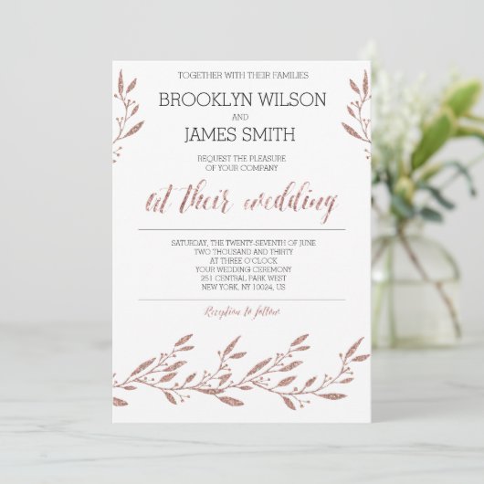 Roos Gold Foil Effect Wedding Invitting Kaart (Staand voorkant)