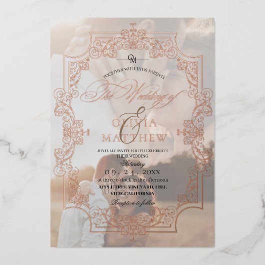 Roos Gold Foil Elegance 2 foto bruiloft Folie Uitnodiging (Voorkant)