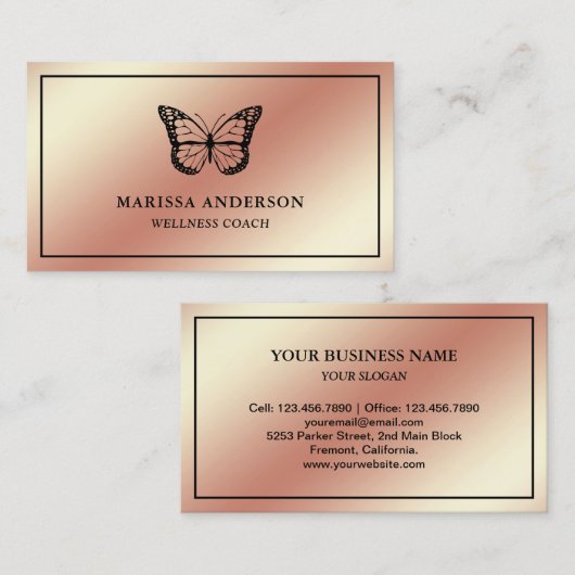 Roos Gold Foil Elegant Black Butterfly Visitekaartje (Voorkant / Achterkant)