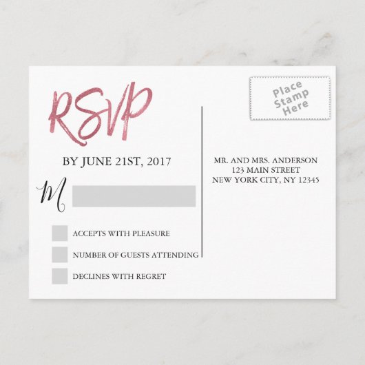 Roos Gold Foil en Navy Blue RSVP Wedding Uitnodiging Briefkaart (Achterkant)
