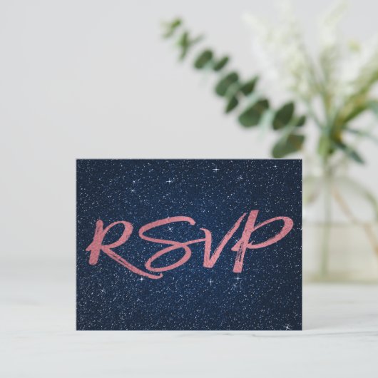 Roos Gold Foil en Navy Blue RSVP Wedding Uitnodiging Briefkaart (Staand voorkant)